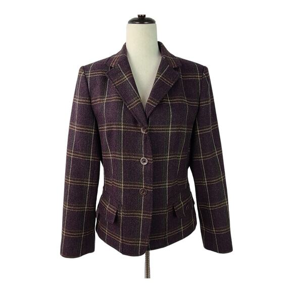 Talbots Purple Wine Green Yellow Plaid Wool Jacket Blazer Coat Vintage USA 8 - Picture 1 of 7